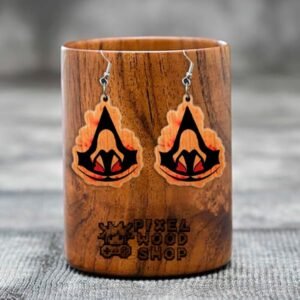 Handcrafted wooden earrings featuring symbols from Assassin's Creed