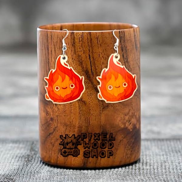 Handcrafted wooden earrings featuring Calcifer from Howl's Moving Castle