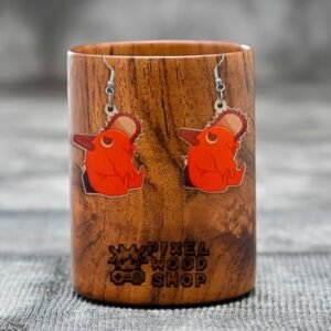 Handcrafted wooden earrings featuring Pochita from Chainsaw Man