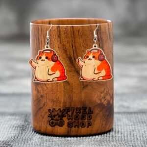 Handcrafted wooden earrings featuring a chubby anime cat wearing gamer headphones