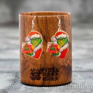 Handcrafted wooden earrings featuring the Grinch from the animated series