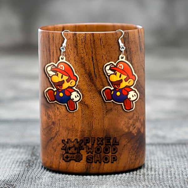 Handcrafted wooden earrings featuring Paper Mario from the video game series