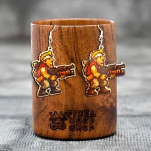 Handcrafted wooden earrings featuring characters and elements from Metal Slug