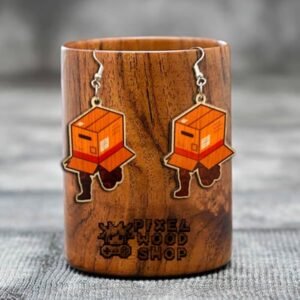 Handcrafted wooden earrings featuring Solid Snake hiding in a cardboard box from Metal Gear Solid