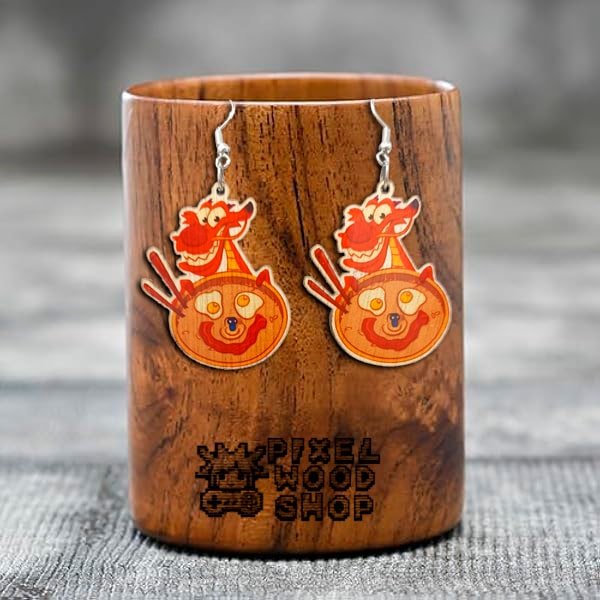 Handcrafted wooden earrings featuring Mushu from Mulan