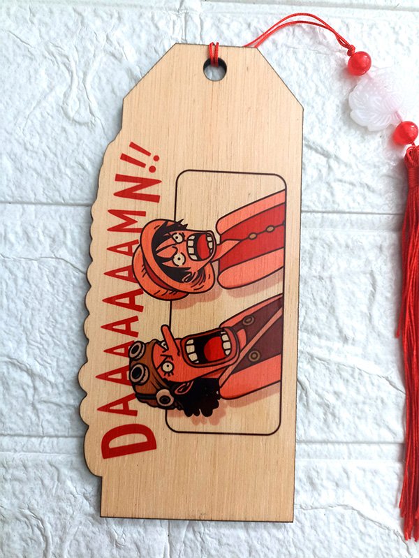 Handcrafted wooden bookmark featuring Luffy and Usopp from One Piece.