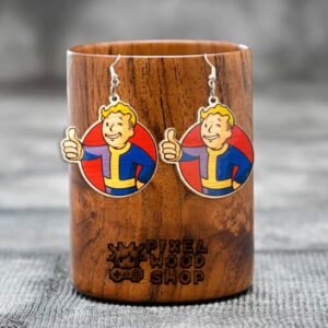 Handcrafted wooden earrings featuring Vault Boy from Fallout