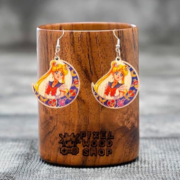 Handcrafted wooden earrings featuring Sailor Moon from the anime series.