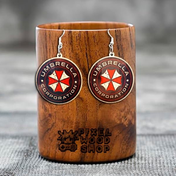 Handcrafted wooden earrings featuring the Umbrella Corporation logo from Resident Evil