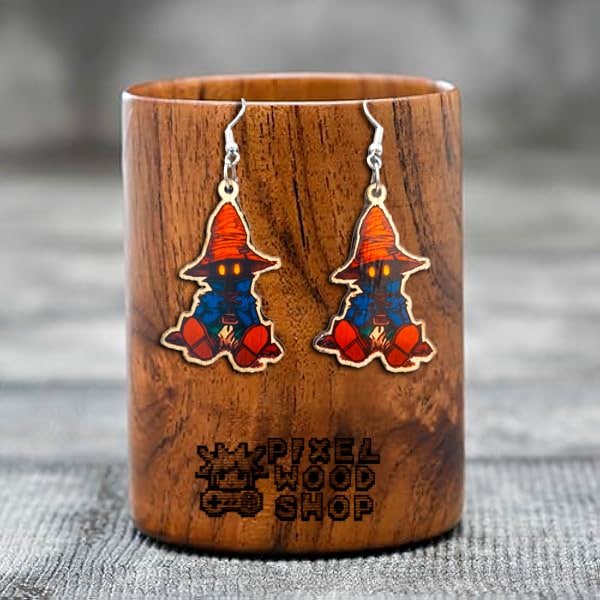 Handcrafted wooden earrings featuring Vivi from Final Fantasy IX