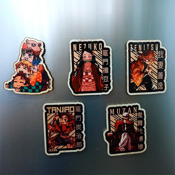 Handcrafted wooden magnet set featuring five distinct designs inspired by Demon Slayer. Each magnet is intricately detailed with vibrant colors, perfect for fans of the anime to display their love for the series