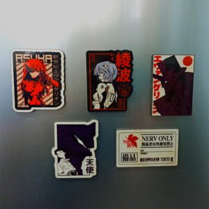 Handcrafted wooden magnet set featuring five unique designs inspired by Evangelion. Each magnet showcases detailed artwork and vibrant colors, perfect for adding a touch of anime style to any space. A must-have for fans of the iconic series.